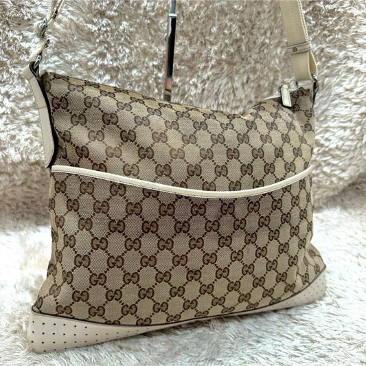 GUCCI Shoulder Bag Purse GG Canvas Leather Beige White Authentic