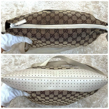 GUCCI Shoulder Bag Purse GG Canvas Leather Beige White Authentic