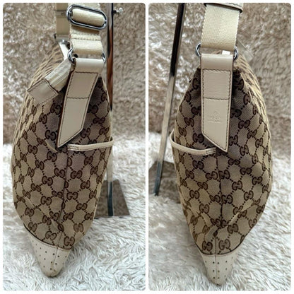 GUCCI Shoulder Bag Purse GG Canvas Leather Beige White Authentic