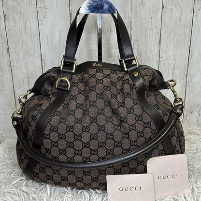 GUCCI Hand Shoulder Bag Tote Purse GG Supreme Leather Brown Authentic