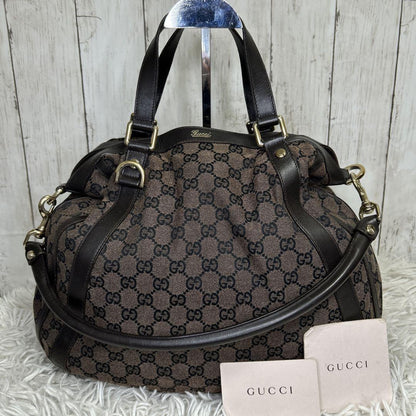 GUCCI Hand Shoulder Bag Tote Purse GG Supreme Leather Brown Authentic