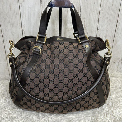 GUCCI Hand Shoulder Bag Tote Purse GG Supreme Leather Brown Authentic