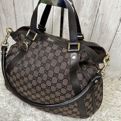 GUCCI Hand Shoulder Bag Tote Purse GG Supreme Leather Brown Authentic