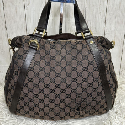 GUCCI Hand Shoulder Bag Tote Purse GG Supreme Leather Brown Authentic