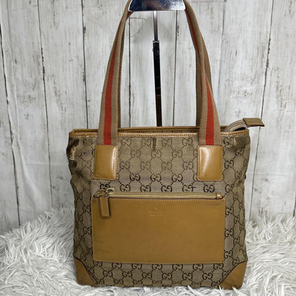 GUCCI Hand Bag Tote Purse GG Canvas Leather Brown Authentic