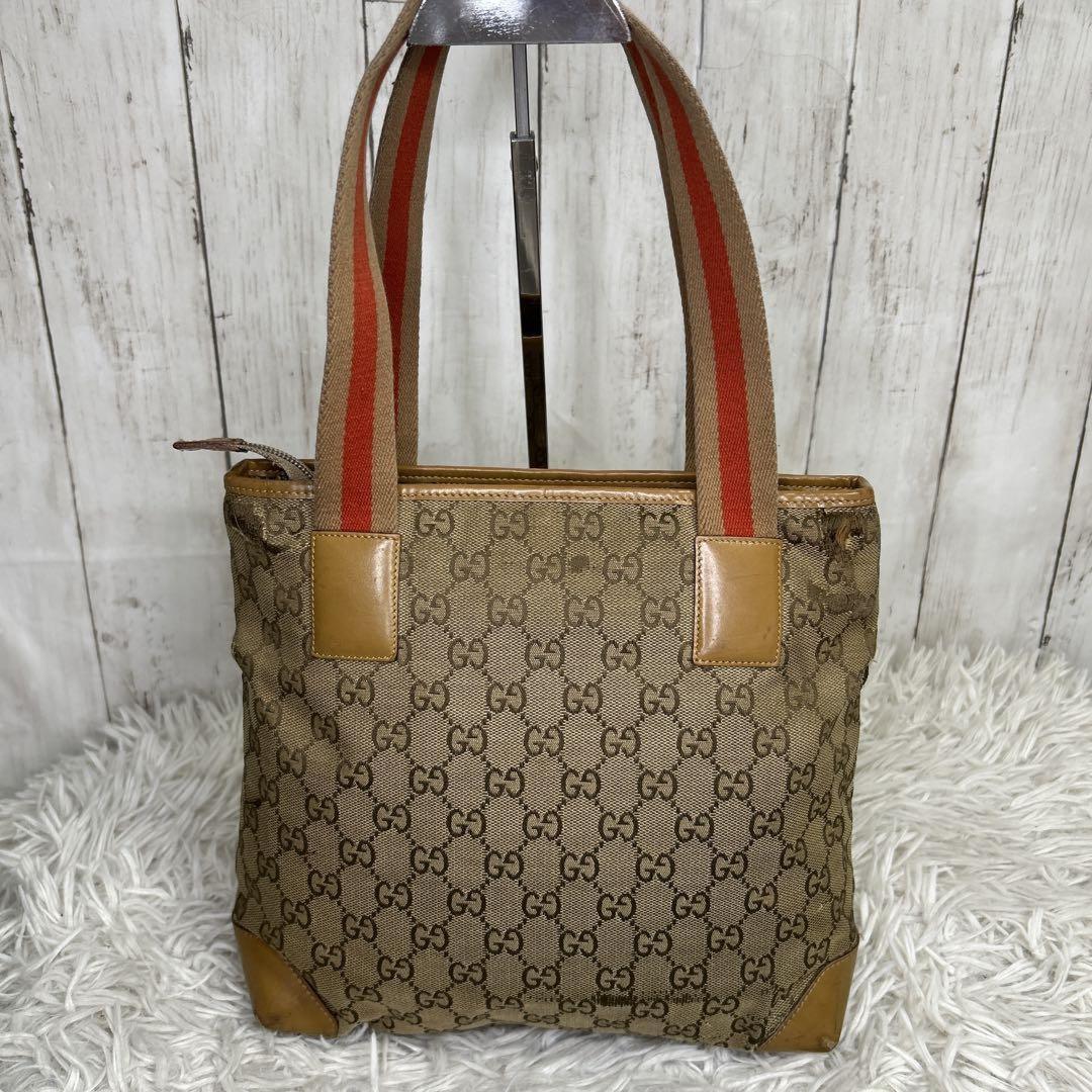 GUCCI Hand Bag Tote Purse GG Canvas Leather Brown Authentic