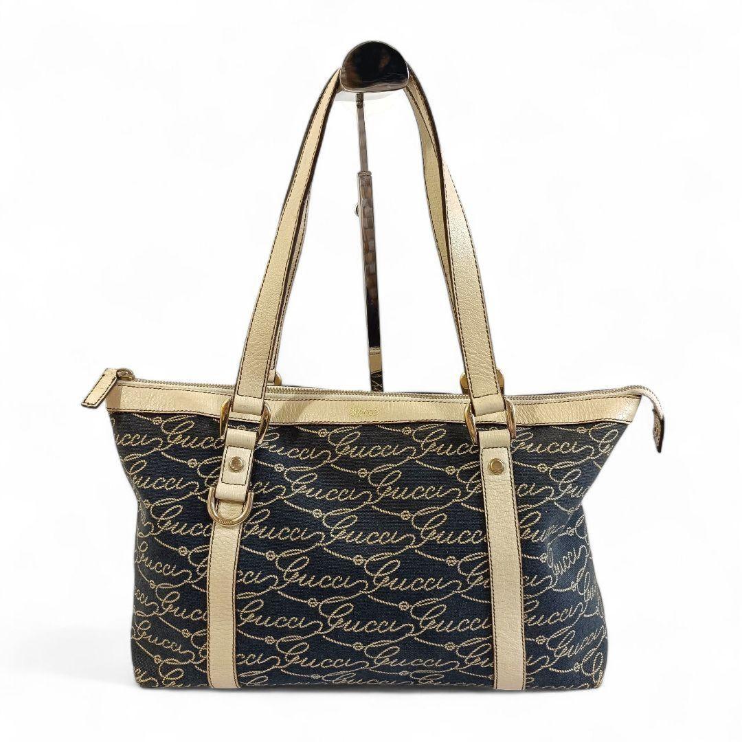 GUCCI Hand Bag Tote Purse Canvas Navy Authentic