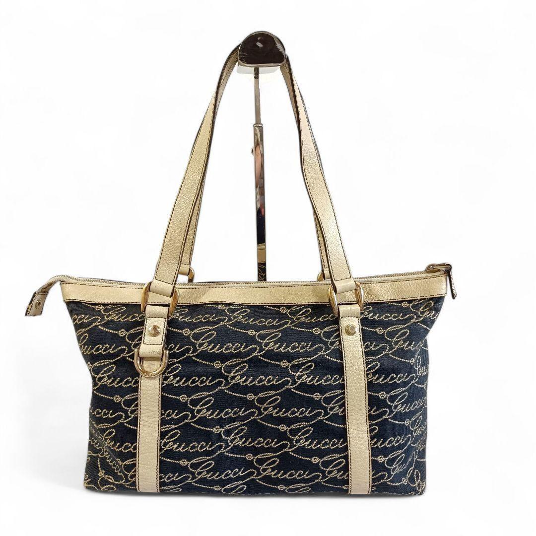 GUCCI Hand Bag Tote Purse Canvas Navy Authentic