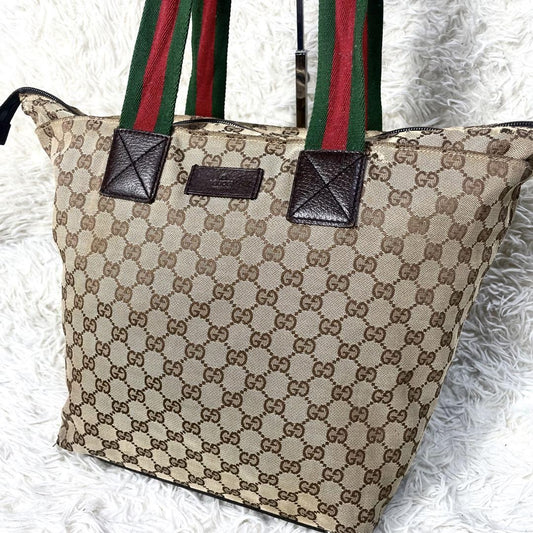 GUCCI Hand Bag Tote Purse Sherry Line GG Canvas Leather Brown Authentic