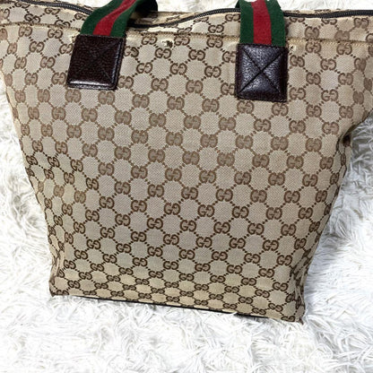 GUCCI Hand Bag Tote Purse Sherry Line GG Canvas Leather Brown Authentic