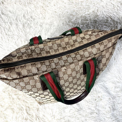 GUCCI Hand Bag Tote Purse Sherry Line GG Canvas Leather Brown Authentic