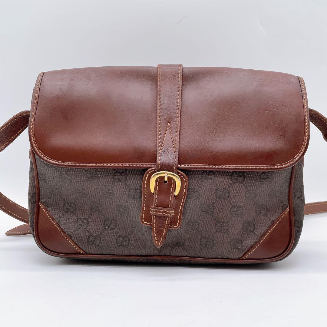 GUCCI Shoulder Bag Purse OLD GG Leather Brown Authentic