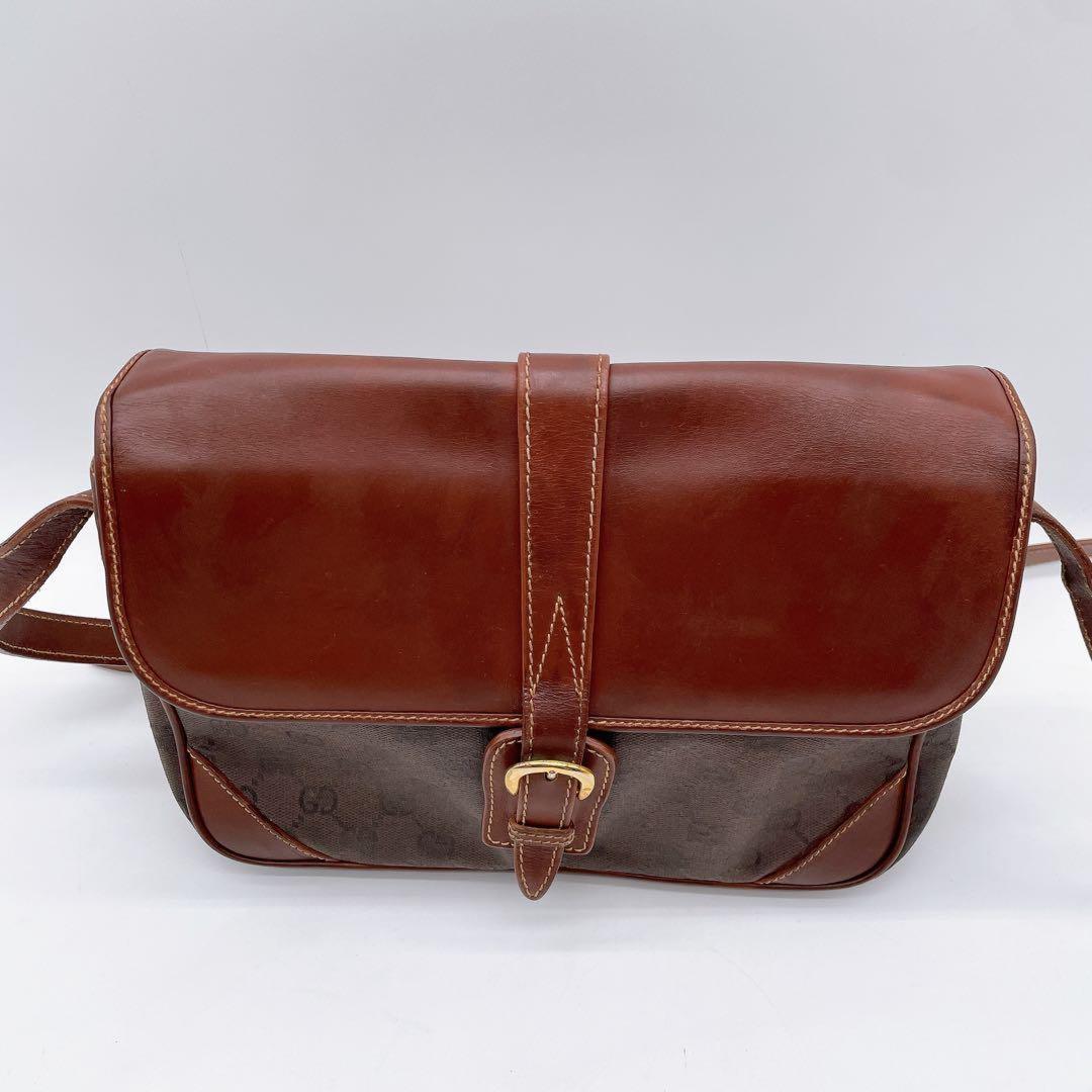 GUCCI Shoulder Bag Purse OLD GG Leather Brown Authentic