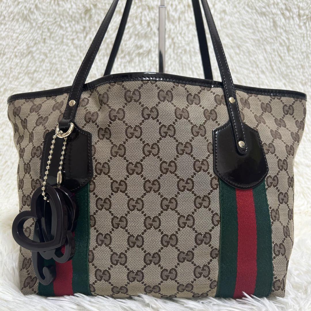 GUCCI Hand Bag Tote Purse Sherry Line GG Canvas Beige Brown Authentic