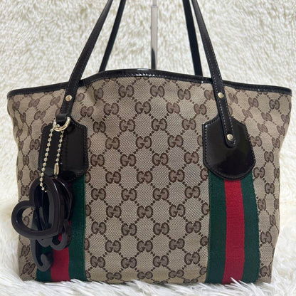GUCCI Hand Bag Tote Purse Sherry Line GG Canvas Beige Brown Authentic