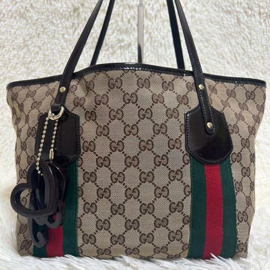 GUCCI Hand Bag Tote Purse Sherry Line GG Canvas Beige Brown Authentic