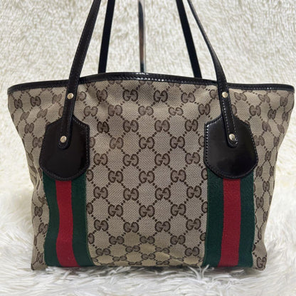 GUCCI Hand Bag Tote Purse Sherry Line GG Canvas Beige Brown Authentic
