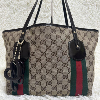 GUCCI Hand Bag Tote Purse Sherry Line GG Canvas Beige Brown Authentic