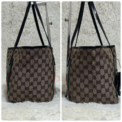 GUCCI Hand Bag Tote Purse Sherry Line GG Canvas Beige Brown Authentic
