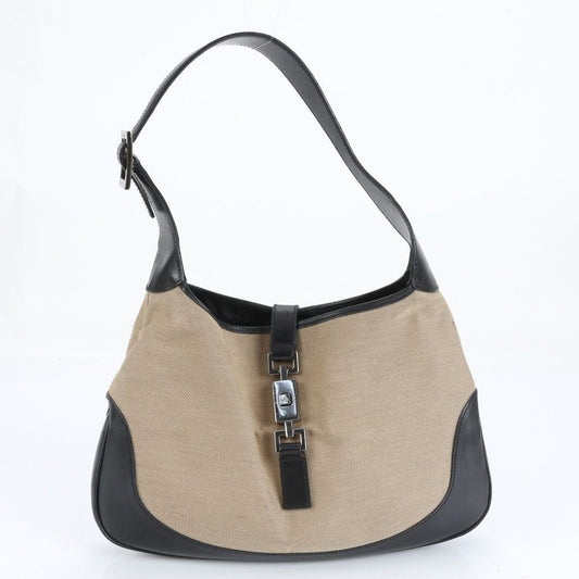 GUCCI Hand Shoulder Bag Tote Purse Canvas Leather Black Beige Authentic