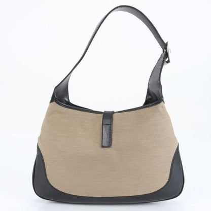 GUCCI Hand Shoulder Bag Tote Purse Canvas Leather Black Beige Authentic