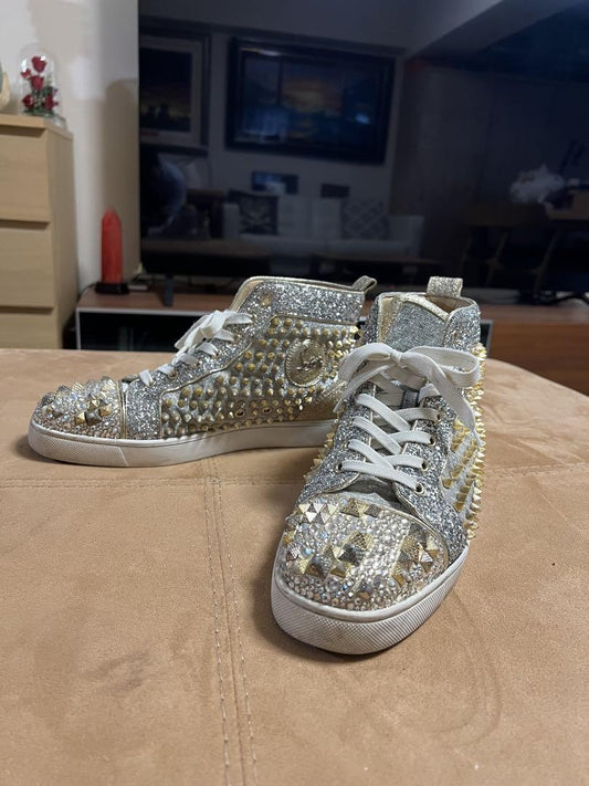Christian Louboutin Sneakers Shoes High-cut Studs EU 42.5 US 9.5 Silver Gold