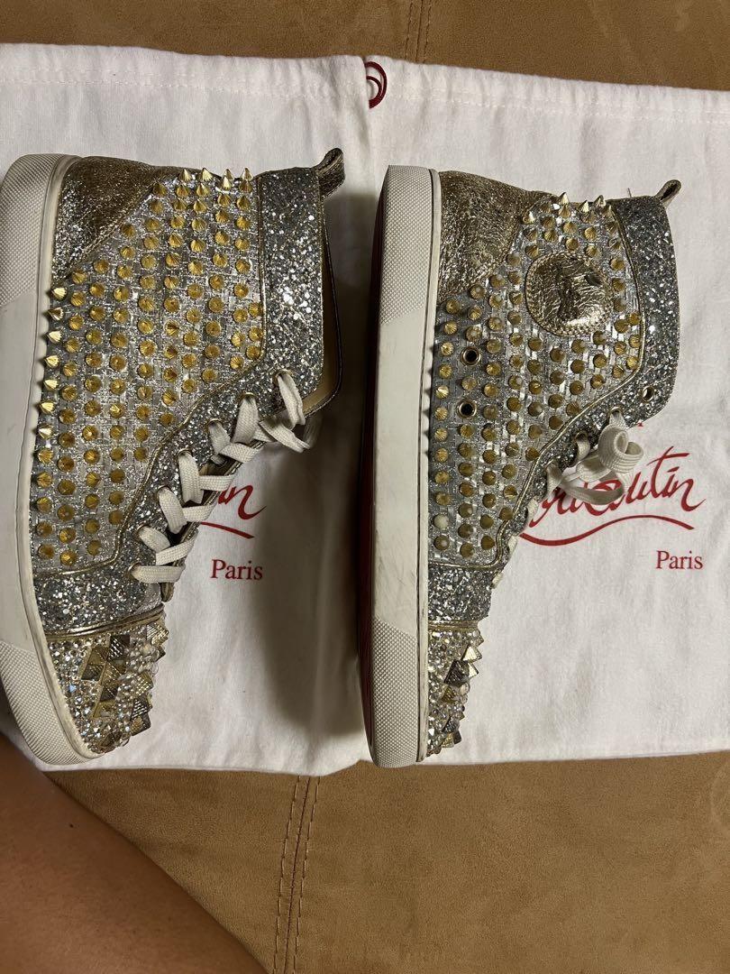 Christian Louboutin Sneakers Shoes High-cut Studs EU 42.5 US 9.5 Silver Gold