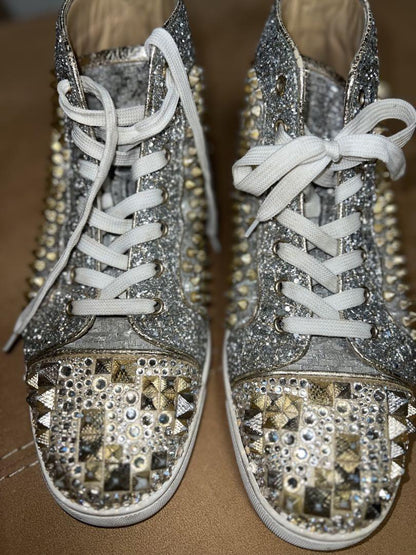 Christian Louboutin Sneakers Shoes High-cut Studs EU 42.5 US 9.5 Silver Gold