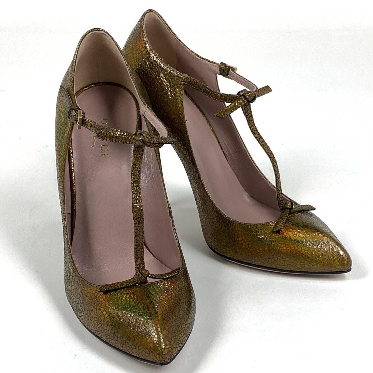 GUCCI Shoes Pumps Heel EU 36 US 6 Leather metallic khaki Authentic