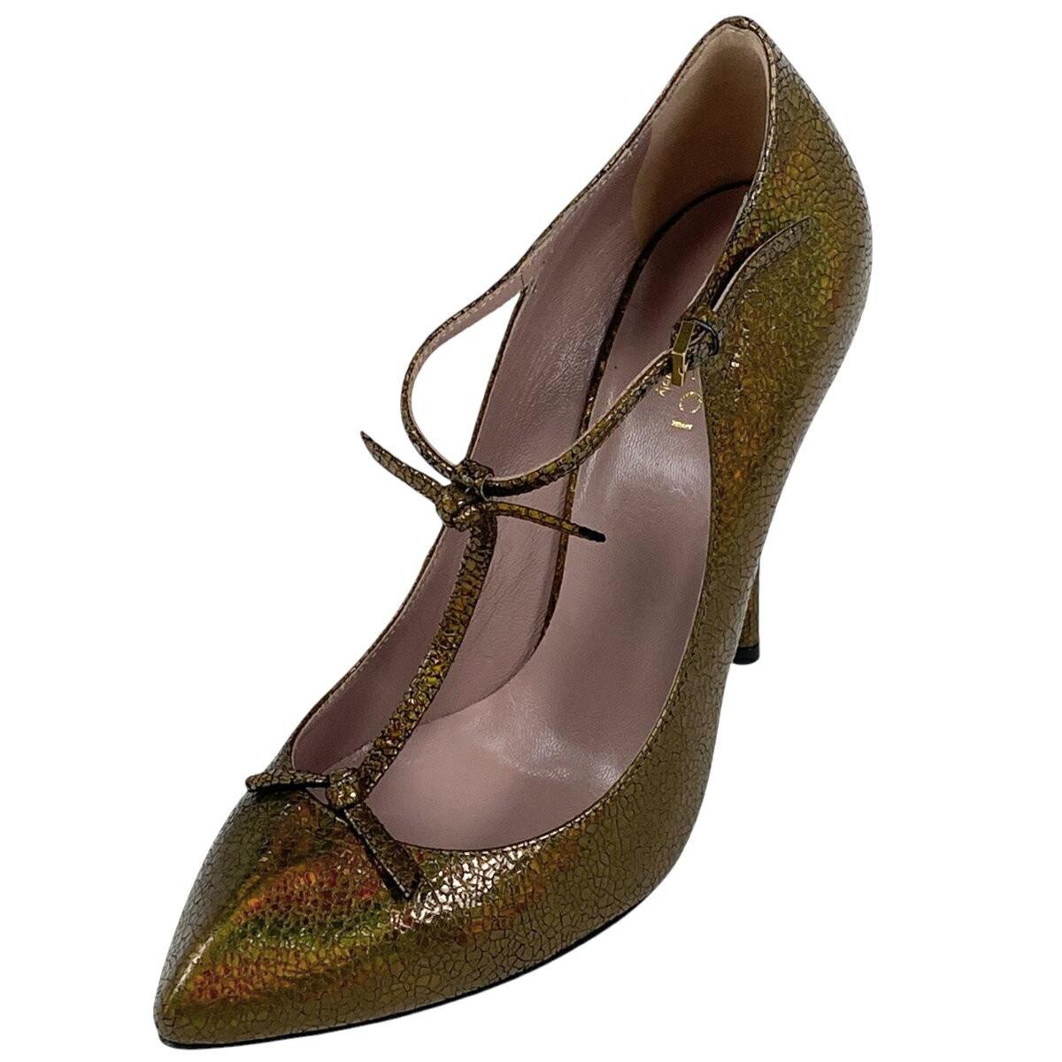 GUCCI Shoes Pumps Heel EU 36 US 6 Leather metallic khaki Authentic