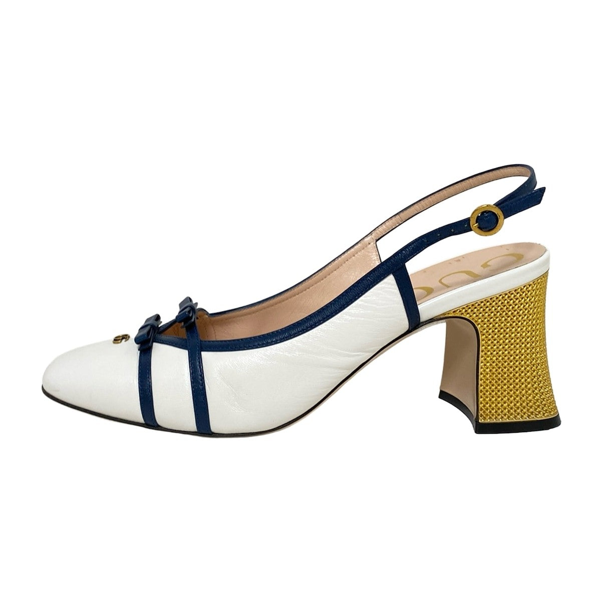 GUCCI Sandals Shoes Double G Ribbon EU 38 US 8 Leather White Navy Authentic