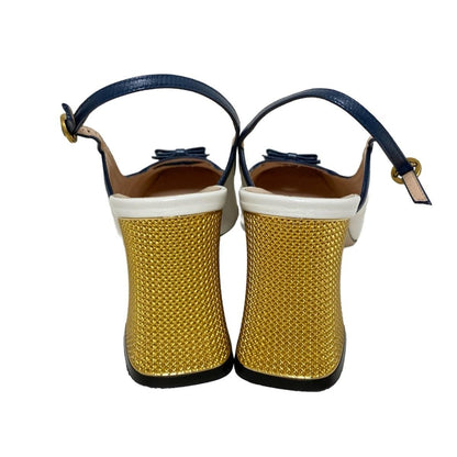 GUCCI Sandals Shoes Double G Ribbon EU 38 US 8 Leather White Navy Authentic