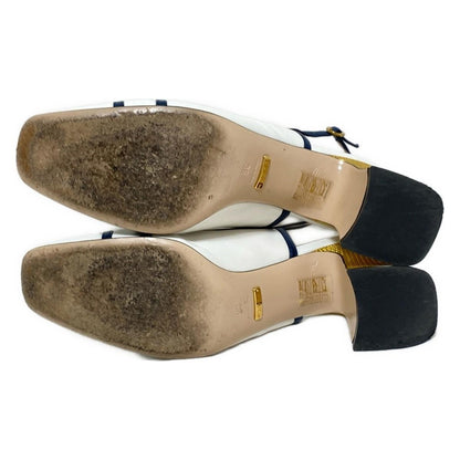 GUCCI Sandals Shoes Double G Ribbon EU 38 US 8 Leather White Navy Authentic