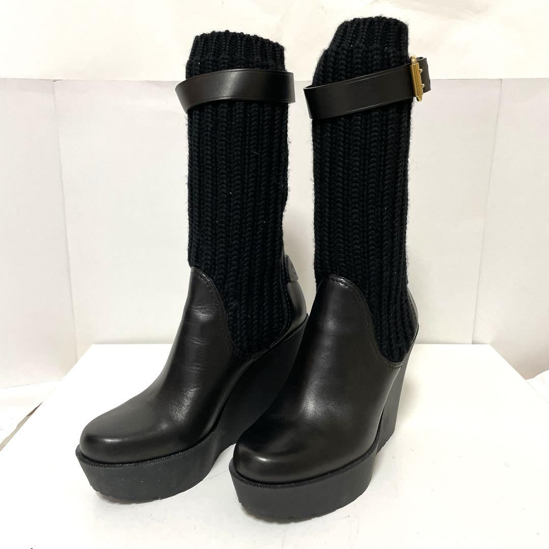 GUCCI Knit Boots Shoes EU 37.5 US 7.5 Leather Black Authentic
