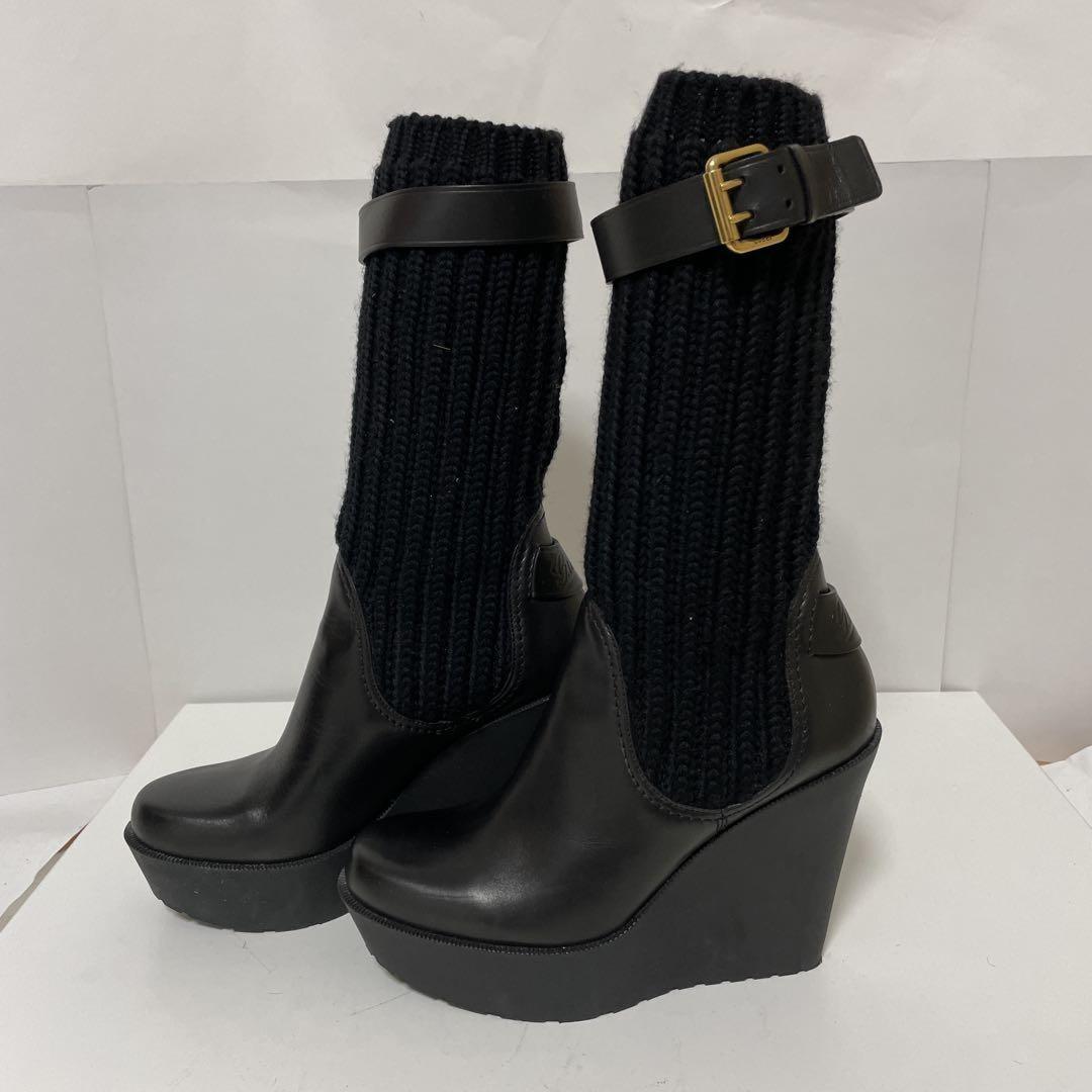 GUCCI Knit Boots Shoes EU 37.5 US 7.5 Leather Black Authentic