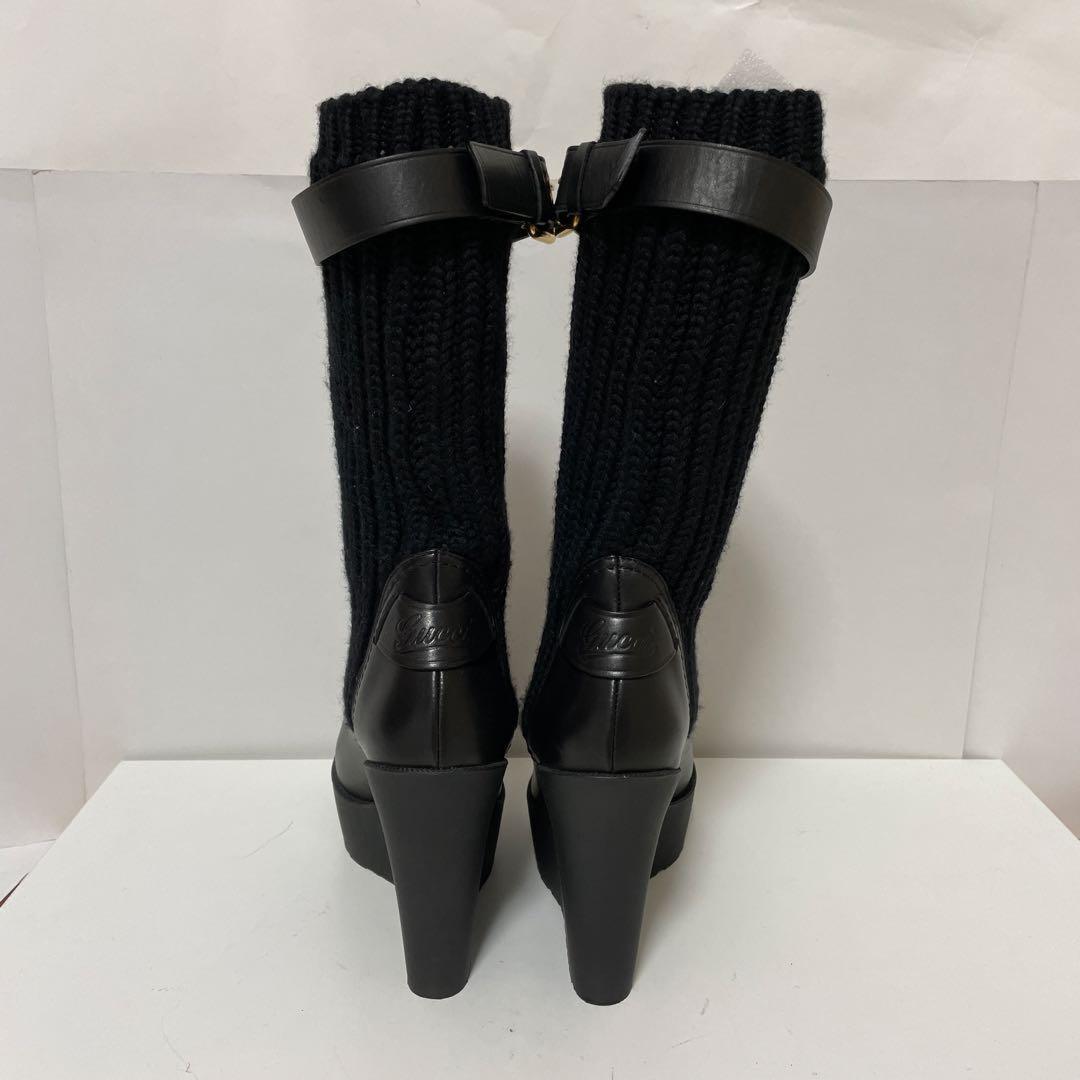 GUCCI Knit Boots Shoes EU 37.5 US 7.5 Leather Black Authentic