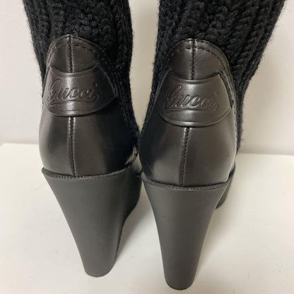 GUCCI Knit Boots Shoes EU 37.5 US 7.5 Leather Black Authentic