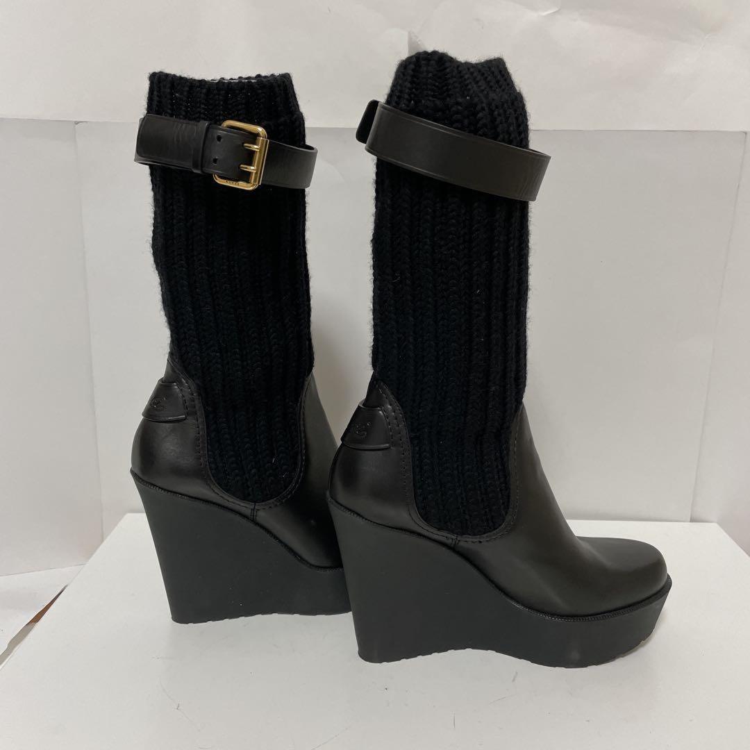 GUCCI Knit Boots Shoes EU 37.5 US 7.5 Leather Black Authentic
