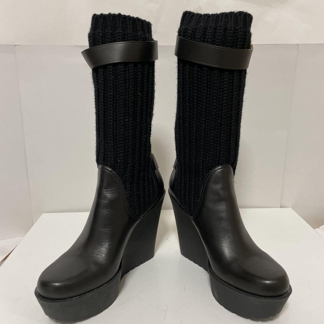 GUCCI Knit Boots Shoes EU 37.5 US 7.5 Leather Black Authentic