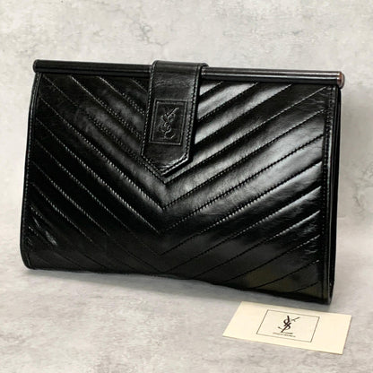 Yves Saint Laurent Clutch Bag YSL Logo Cassandra Purse Handbag Leather Black