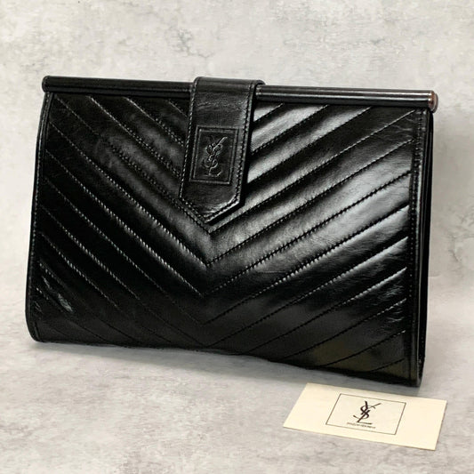 Yves Saint Laurent Clutch Bag YSL Logo Cassandra Purse Handbag Leather Black