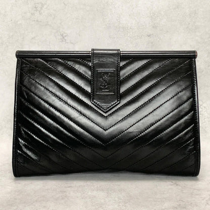 Yves Saint Laurent Clutch Bag YSL Logo Cassandra Purse Handbag Leather Black