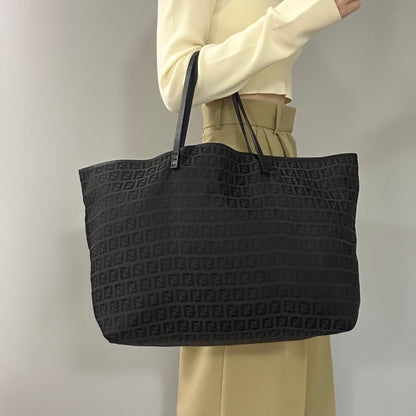 FENDI Bag FF Zucchino With Pouch Hand Tote Purse Canvas Black Used Authentic