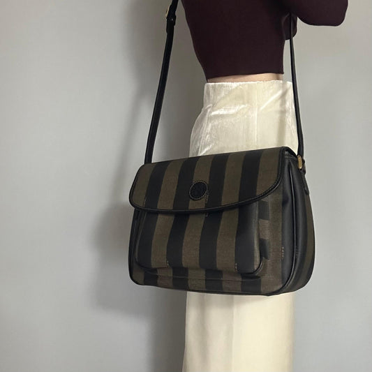FENDI Bag Pecan FF Shoulder Purse Leather Brown Gold Used Women's Authentic