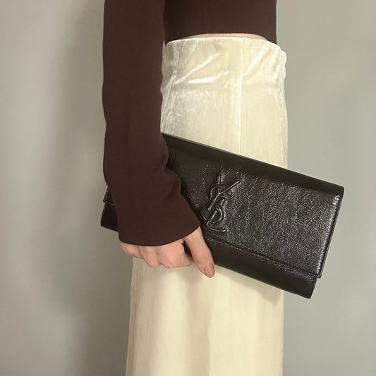 Saint Laurent Bag YSL Cassandra Clutch Purse Hand Patent Black Gold Authentic