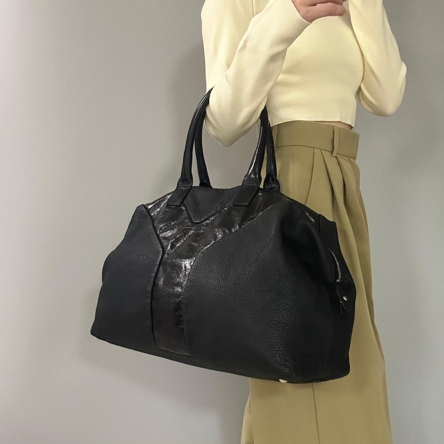 Saint Laurent Bag Easy YSL Boston Hand Tote Purse Leather Black Silver Authentic