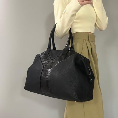 Saint Laurent Bag Easy YSL Boston Hand Tote Purse Leather Black Silver Authentic