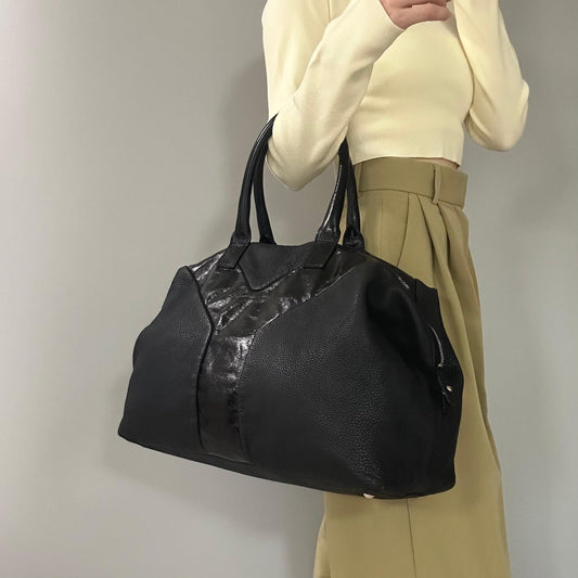Saint Laurent Bag Easy YSL Boston Hand Tote Purse Leather Black Silver Authentic
