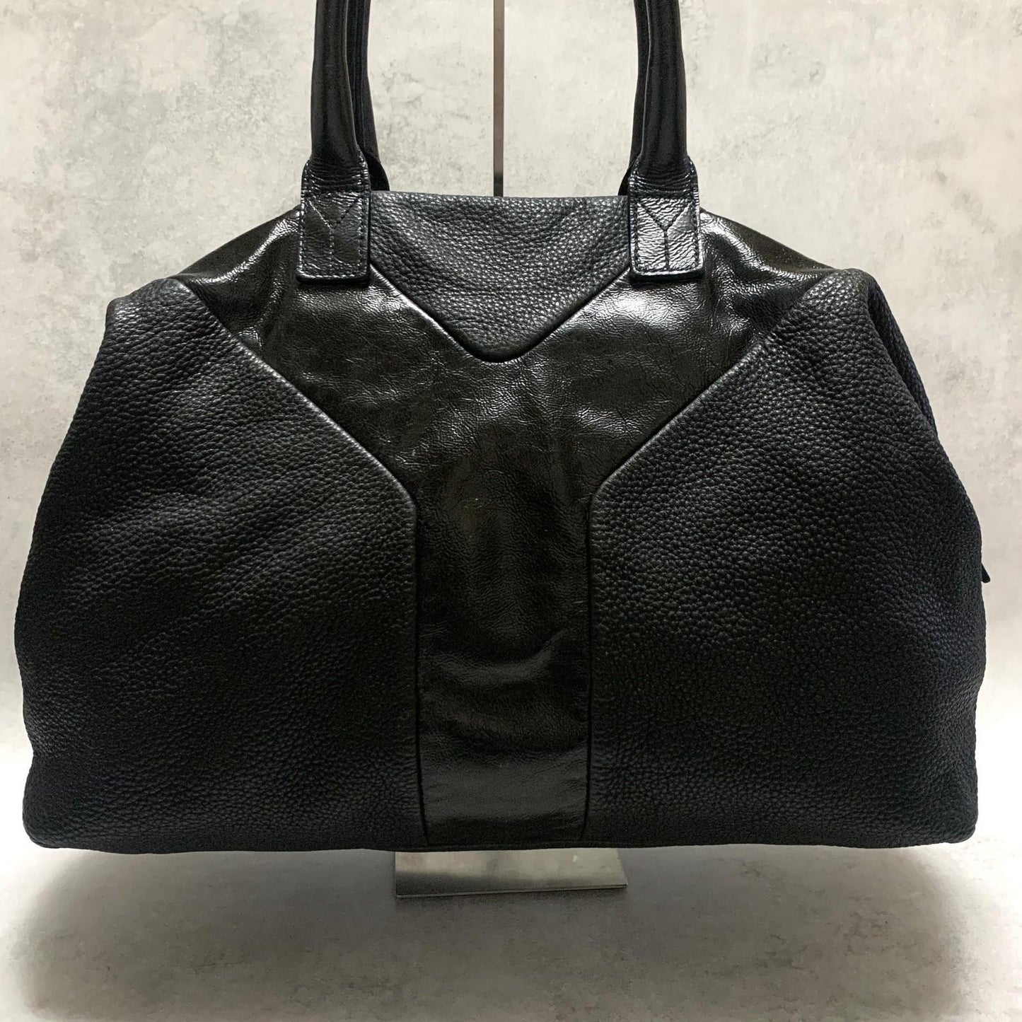 Saint Laurent Bag Easy YSL Boston Hand Tote Purse Leather Black Silver Authentic