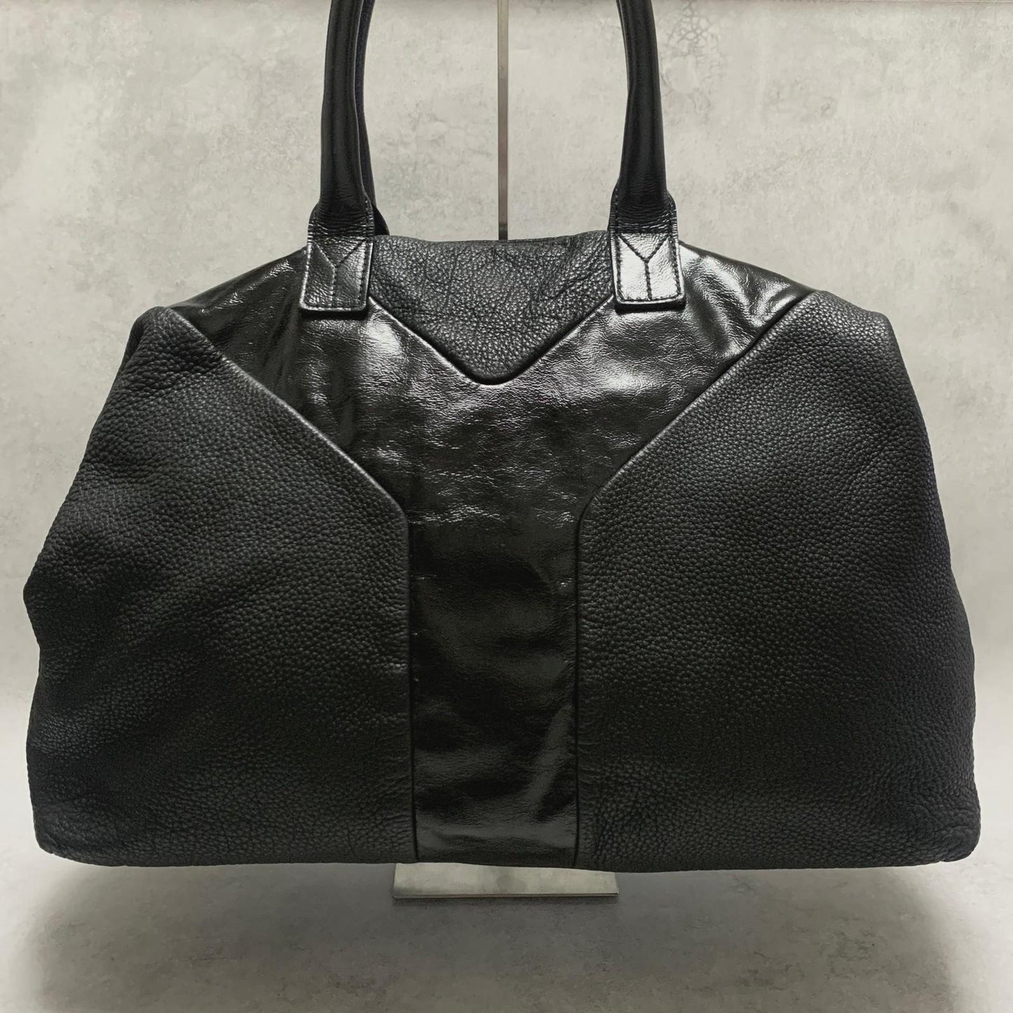 Saint Laurent Bag Easy YSL Boston Hand Tote Purse Leather Black Silver Authentic